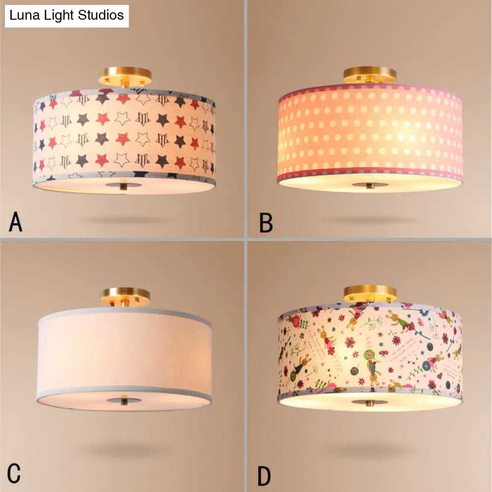 Contemporary Round Fabric Ceiling Lamp For Child’s Bedroom - Semi Flushmount Light