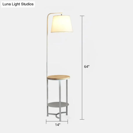 Contemporary Round Fabric Floor Lamp With 2-Tier Shelf - Single-Bulb White Standing Lighting