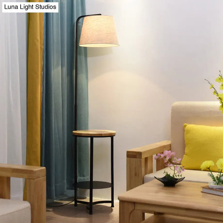 Contemporary Round Fabric Floor Lamp With 2-Tier Shelf - Single-Bulb White Standing Lighting