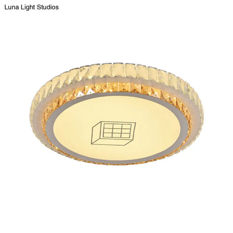 Contemporary Round Led Ceiling Flush Mount With Clear Cut Crystal & Elegant Floral/Cubical Pattern