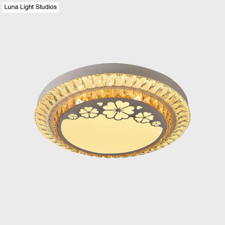 Contemporary Round Led Ceiling Flush Mount With Clear Cut Crystal & Elegant Floral/Cubical Pattern