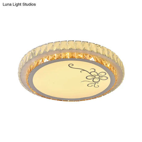 Contemporary Round Led Ceiling Flush Mount With Clear Cut Crystal & Elegant Floral/Cubical Pattern