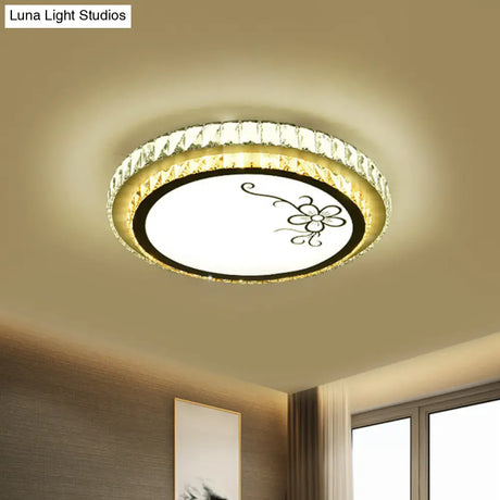 Contemporary Round Led Ceiling Flush Mount With Clear Cut Crystal & Elegant Floral/Cubical Pattern