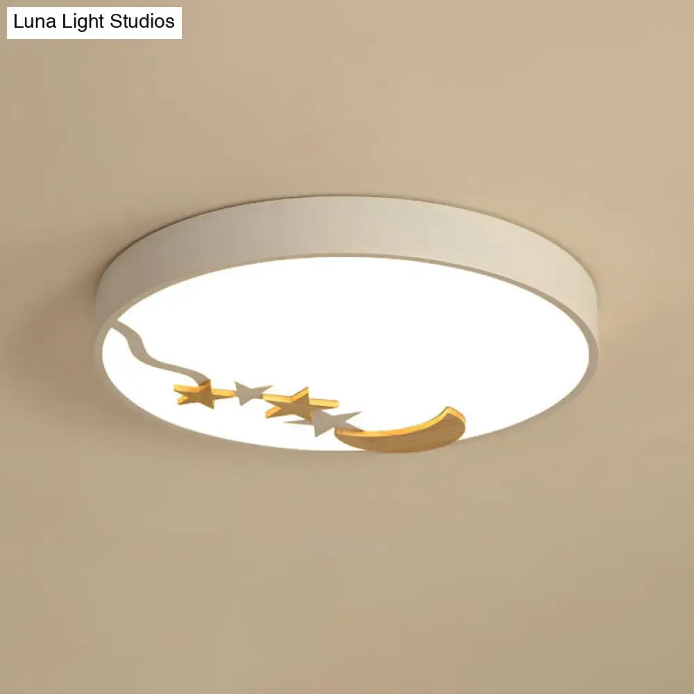 Contemporary Round Metal Led Close To Ceiling Lamp With Wooden Moon And Star Decoration -