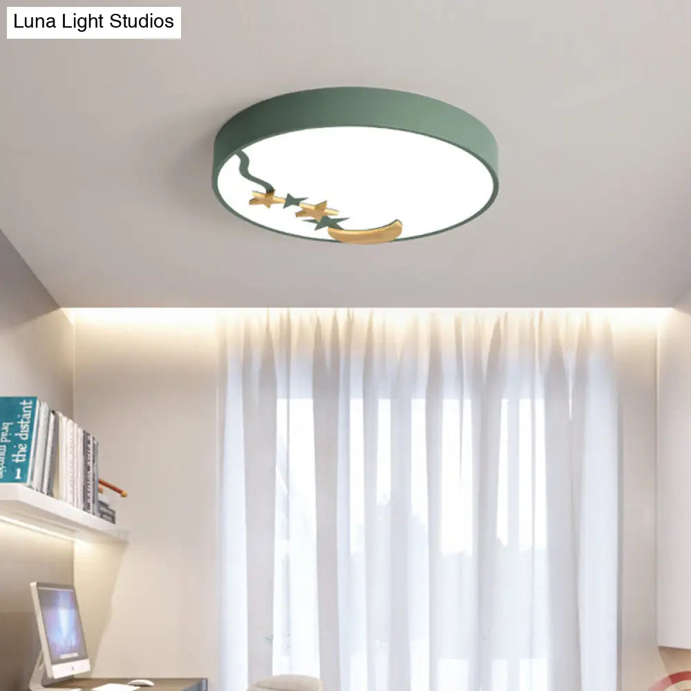 Contemporary Round Metal Led Close To Ceiling Lamp With Wooden Moon And Star Decoration -