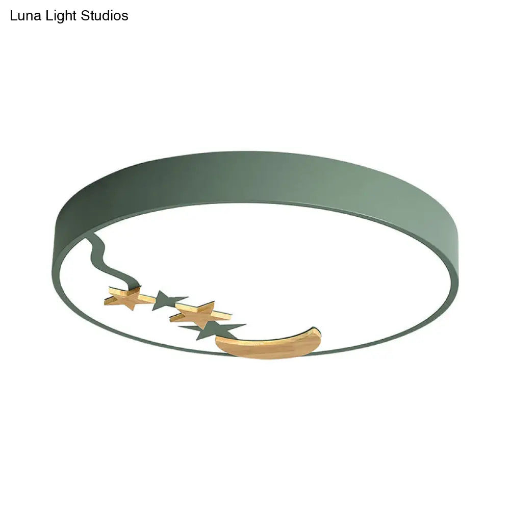 Contemporary Round Metal Led Close To Ceiling Lamp With Wooden Moon And Star Decoration -