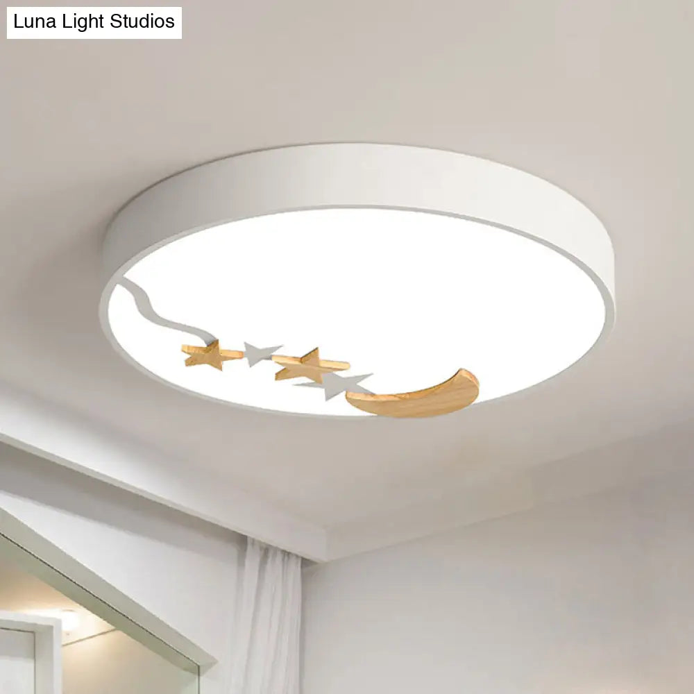 Contemporary Round Metal Led Close To Ceiling Lamp With Wooden Moon And Star Decoration -