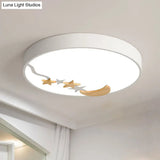 Contemporary Round Metal Led Close To Ceiling Lamp With Wooden Moon And Star Decoration -