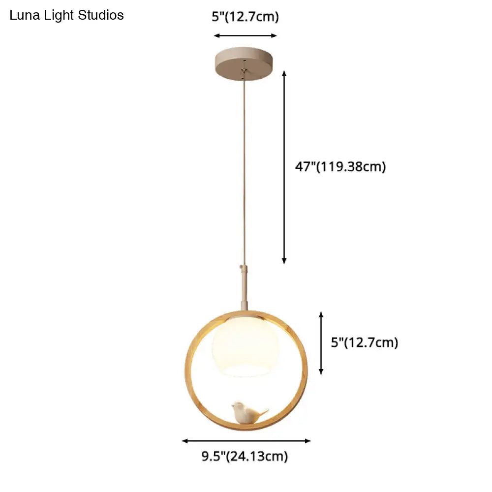 Contemporary Round Natural Wood Pendant Light - Bedroom Hanging Lamp With Bird Accent