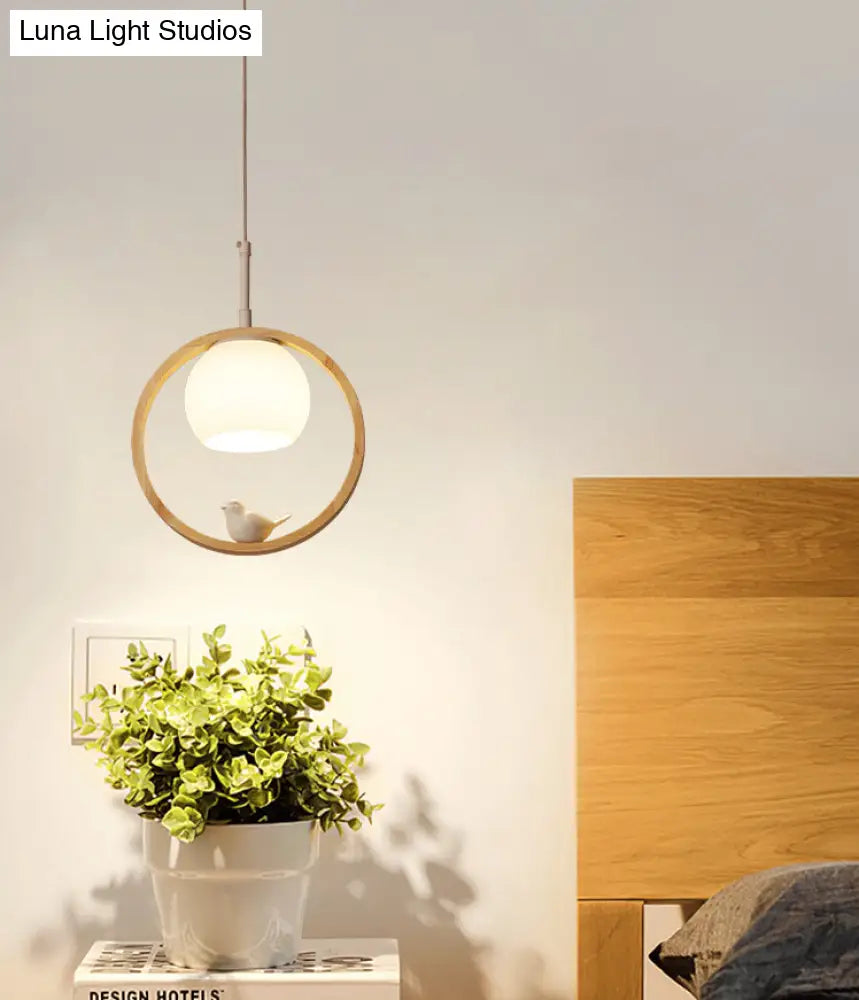 Contemporary Round Natural Wood Pendant Light - Bedroom Hanging Lamp With Bird Accent