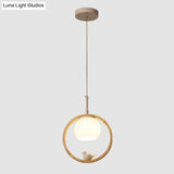 Contemporary Round Natural Wood Pendant Light - Bedroom Hanging Lamp With Bird Accent
