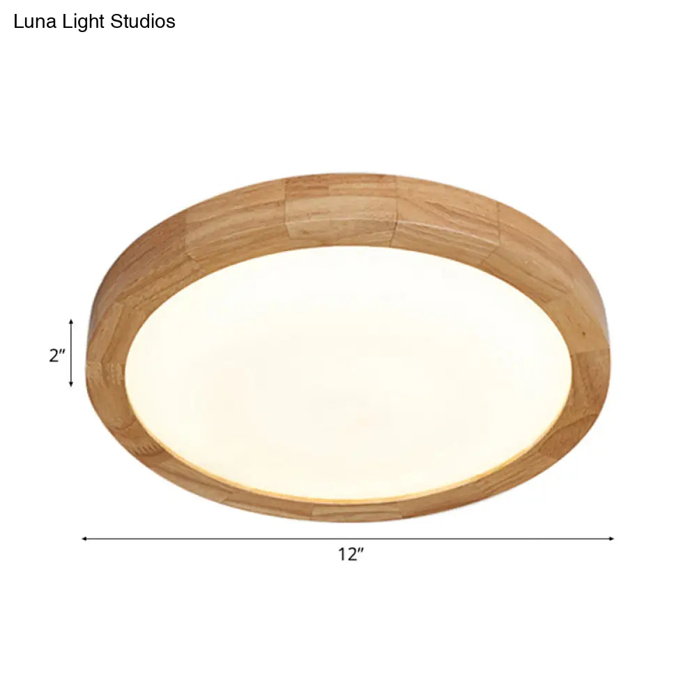 Contemporary Round Wood Flush Light Fixture For Bedroom - Single Ceiling Lamp (12’/16’ Dia) In