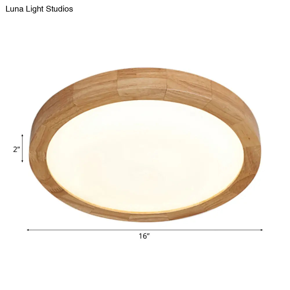 Contemporary Round Wood Flush Light Fixture For Bedroom - Single Ceiling Lamp (12’/16’ Dia) In