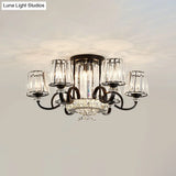 Contemporary Semi Flush Mount Ceiling Light With Clear Crystal Barrel Shade - 8 Heads Black