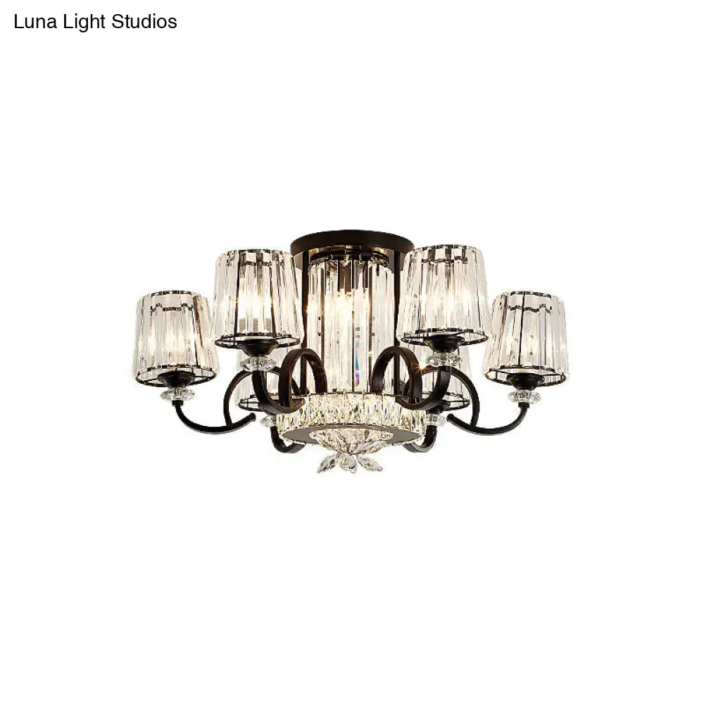 Contemporary Semi Flush Mount Ceiling Light With Clear Crystal Barrel Shade - 8 Heads Black