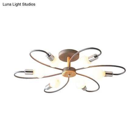 Contemporary Sputnik Semi Flush Lamp With Curved Arm - 3/6/8 Lights Grey/Green Metal Finish