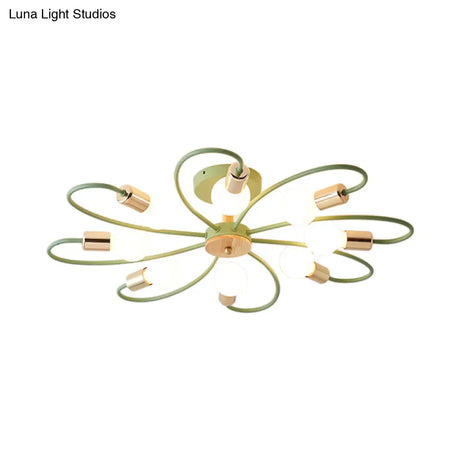 Contemporary Sputnik Semi Flush Lamp With Curved Arm - 3/6/8 Lights Grey/Green Metal Finish