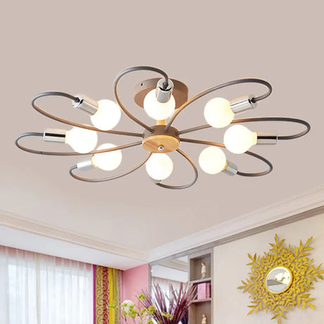 Contemporary Sputnik Semi Flush Lamp With Curved Arm - 3/6/8 Lights Grey/Green Metal Finish 8 / Grey