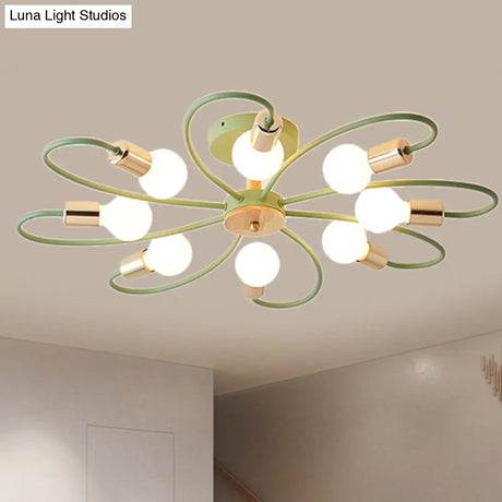 Contemporary Sputnik Semi Flush Lamp With Curved Arm - 3/6/8 Lights Grey/Green Metal Finish