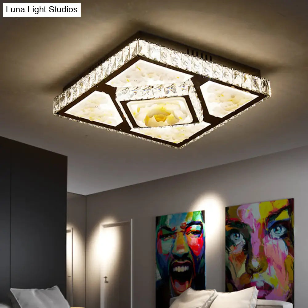 Contemporary Square Crystal Block Led Ceiling Light - Lotus Design In Chrome