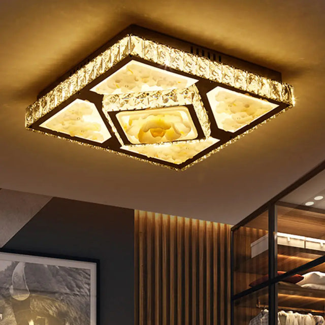 Contemporary Square Crystal Block Led Ceiling Light - Lotus Design In Chrome