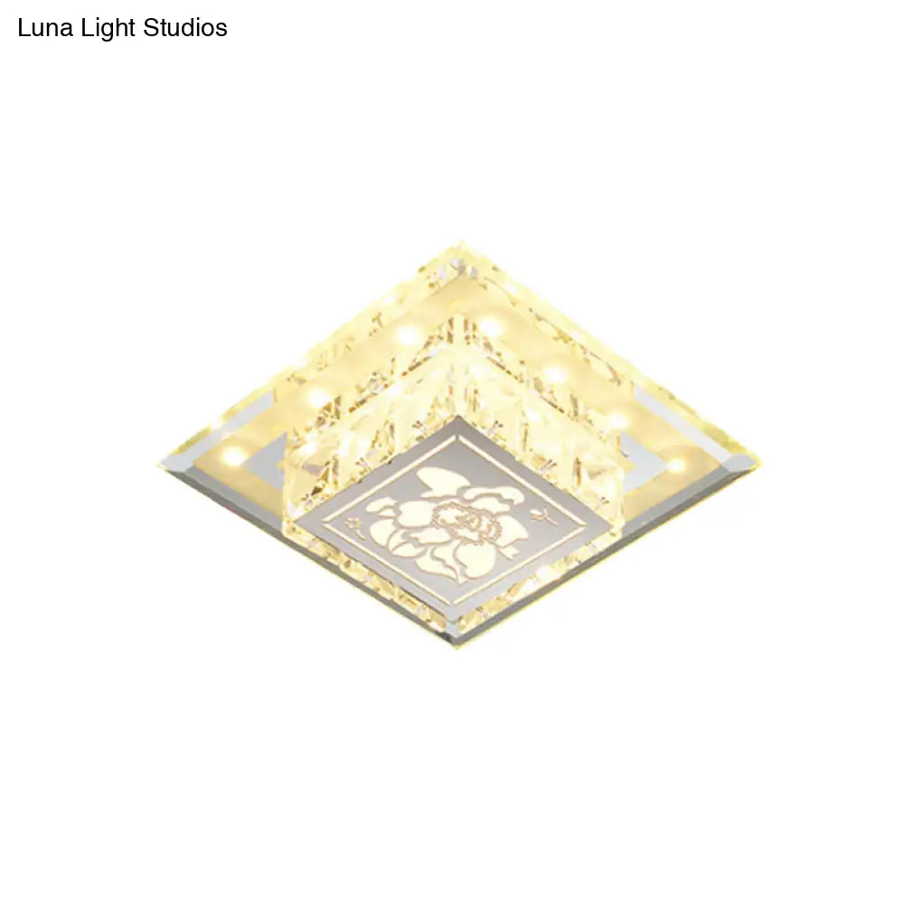 Contemporary Square Led Flush Light With Crystalline Facets In Chrome – Elegant Flower Pattern