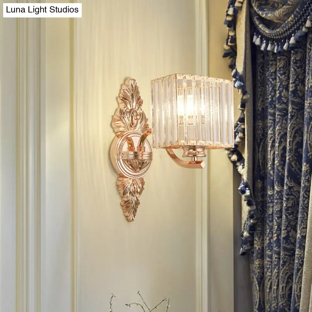 Contemporary Square Wall Sconce: Clear Crystal & Metal Carved Backplate Rose Gold