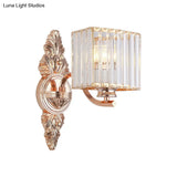 Contemporary Square Wall Sconce: Clear Crystal & Metal Carved Backplate Rose Gold