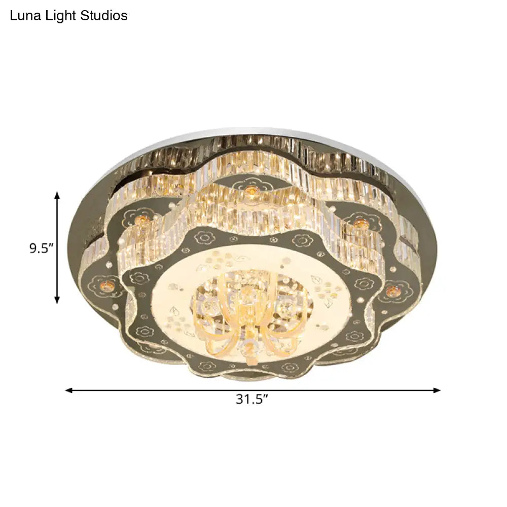 Contemporary Stainless-Steel Flush Ceiling Light With Led Clear Crystal Blocks And Floral Design
