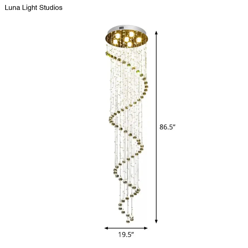 Contemporary Stainless Steel Spiral Ceiling Lamp With Crystal Beaded Flush Mount - 6 Bulbs 86.5’