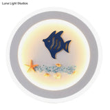 Contemporary Style Led Wall Light Fixture - White Round Acrylic Lamp With Fish And Sea Star Pattern