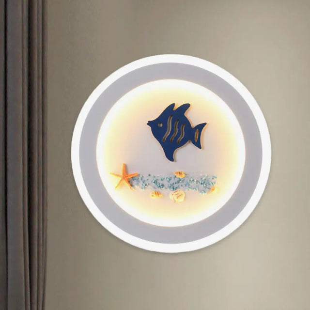 Contemporary Style Led Wall Light Fixture - White Round Acrylic Lamp With Fish And Sea Star Pattern