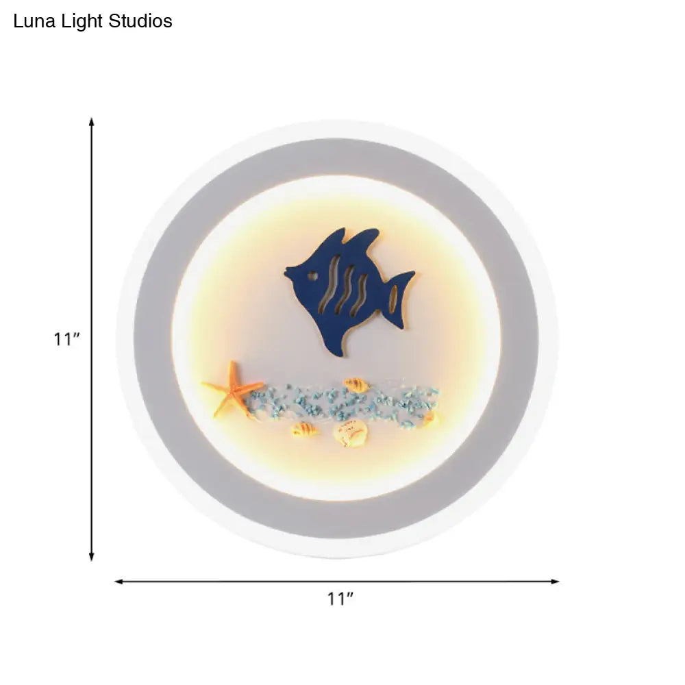 Contemporary Style Led Wall Light Fixture - White Round Acrylic Lamp With Fish And Sea Star Pattern