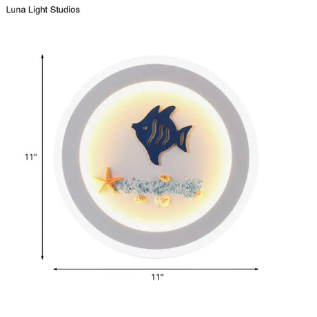 Contemporary Style Led Wall Light Fixture - White Round Acrylic Lamp With Fish And Sea Star Pattern