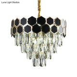 Contemporary Tapered Chandelier Lamp With 9 Bulbs Black Finish & Clear Glass Drops