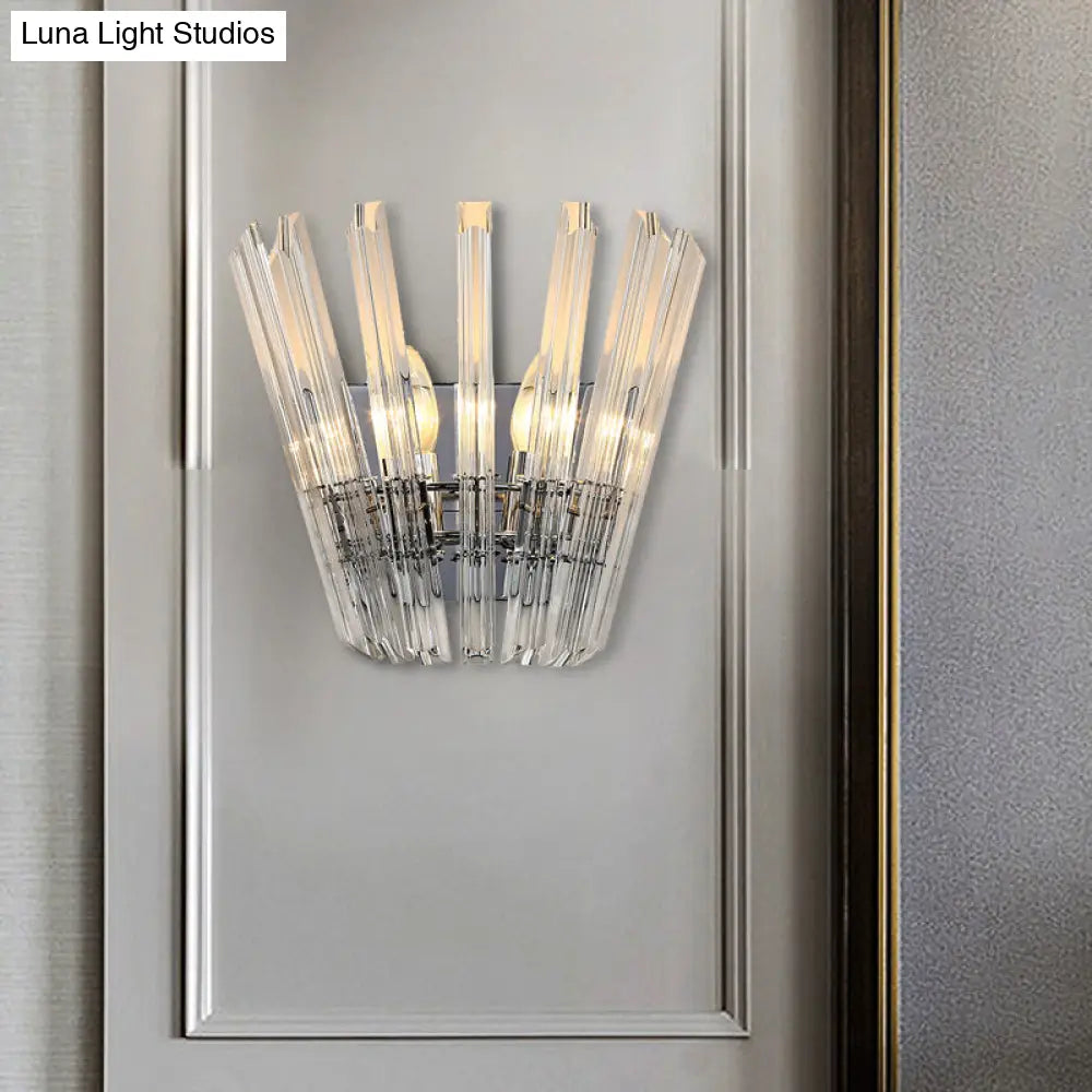 Contemporary Tapered Wall Mount Light With Clear Crystal For Corridors - Chrome Finish 2 Bulbs