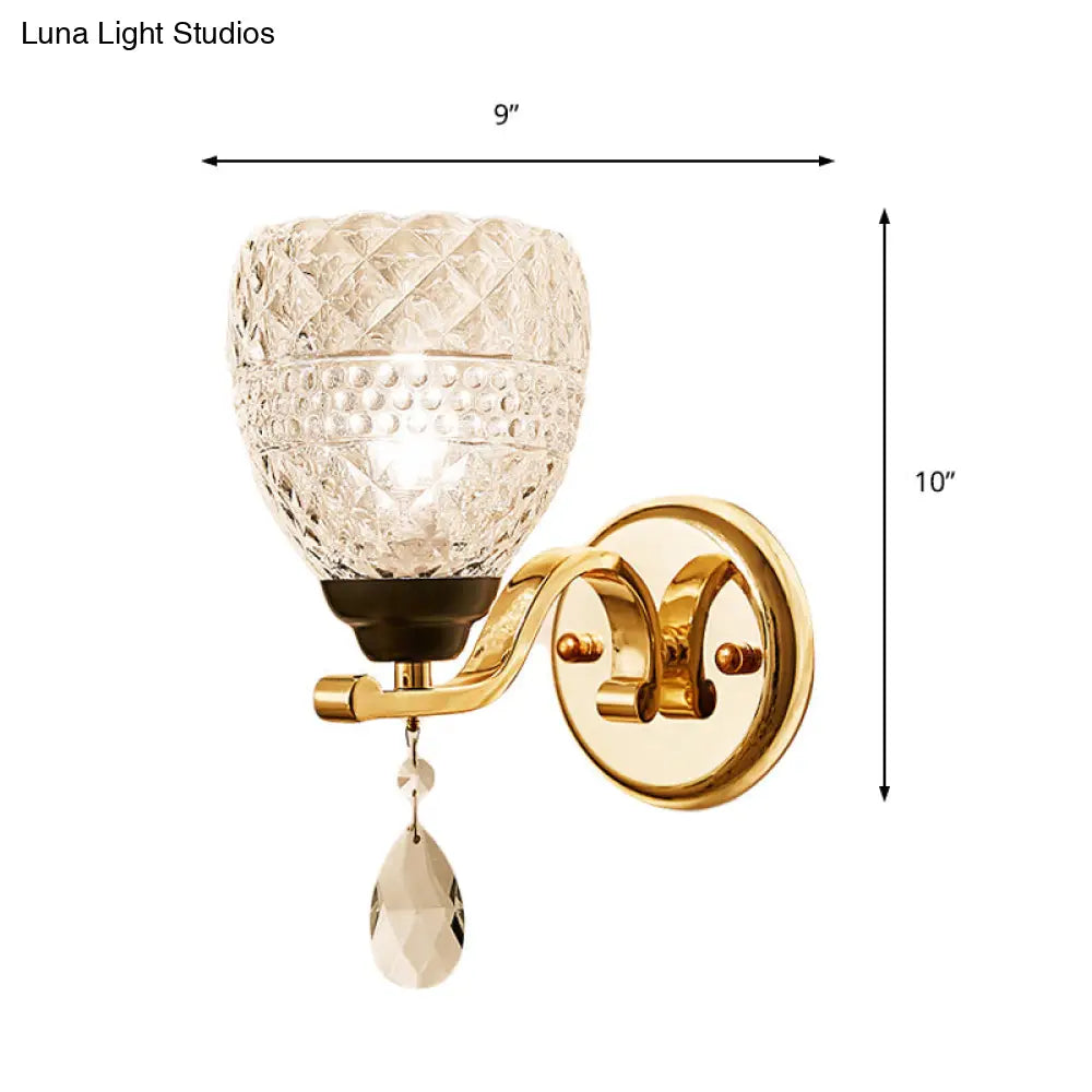 Contemporary Textured Glass Wall Mount Sconce Light With Teardrop Crystal Drop - Chrome Finish