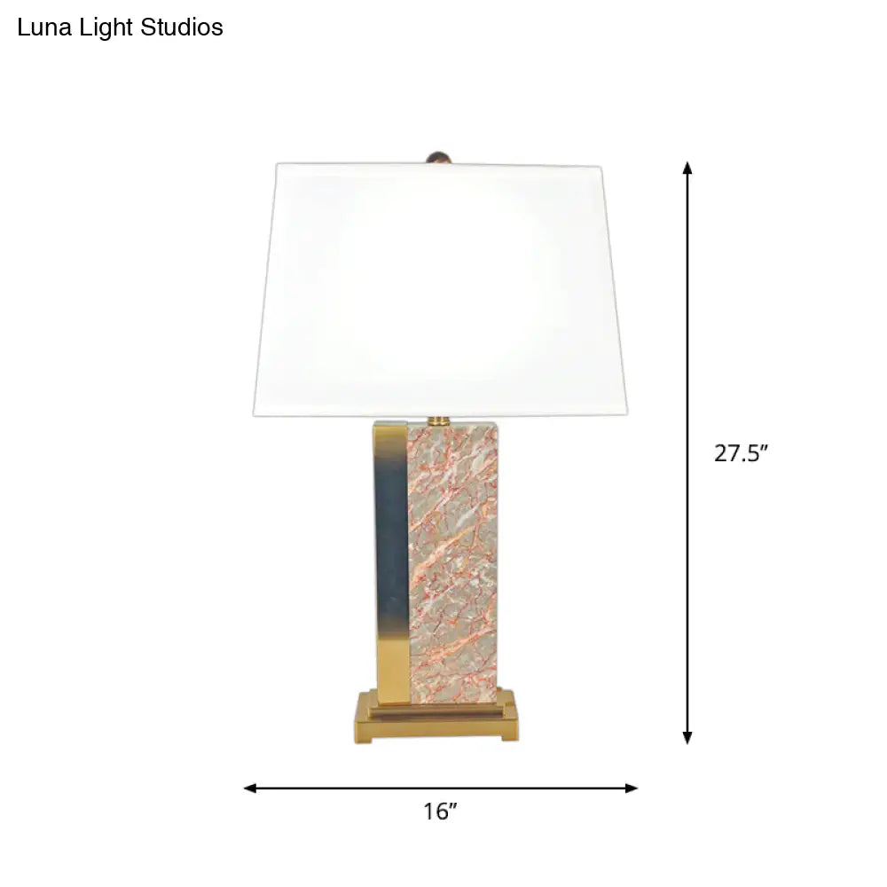 Contemporary Trapezoid Fabric Table Light - 1-Bulb White Night Lamp With Red Marble Base