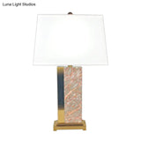 Contemporary Trapezoid Fabric Table Light - 1-Bulb White Night Lamp With Red Marble Base