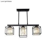Contemporary Tri-Sided Crystal Rod Black Hanging Ceiling Light - Square 3/4 Heads Island Lamp