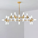 Contemporary Tubular Chandelier: 18/36-Light Black/Gold Metal Hanging Lamp With Starburst Design 36