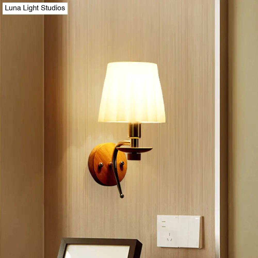 Contemporary White/Beige Fabric Wall Sconce For Corridor - Tapered Mount Fixture With 1 Bulb