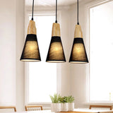 Contemporary White/Black Fabric And Wood Pendant Lamp - 3 Lights Cone Hanging Ceiling Light Black