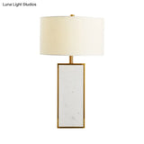 Contemporary White Fabric Stone Drum Table Light: Stylish 1-Head Nightstand Lighting For Living Room