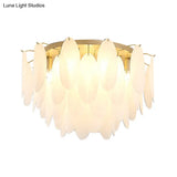 Contemporary White Glass Feather-Shaped Flush Mount Lamp - 22.5’/28’ Wide 6-Light Living Room