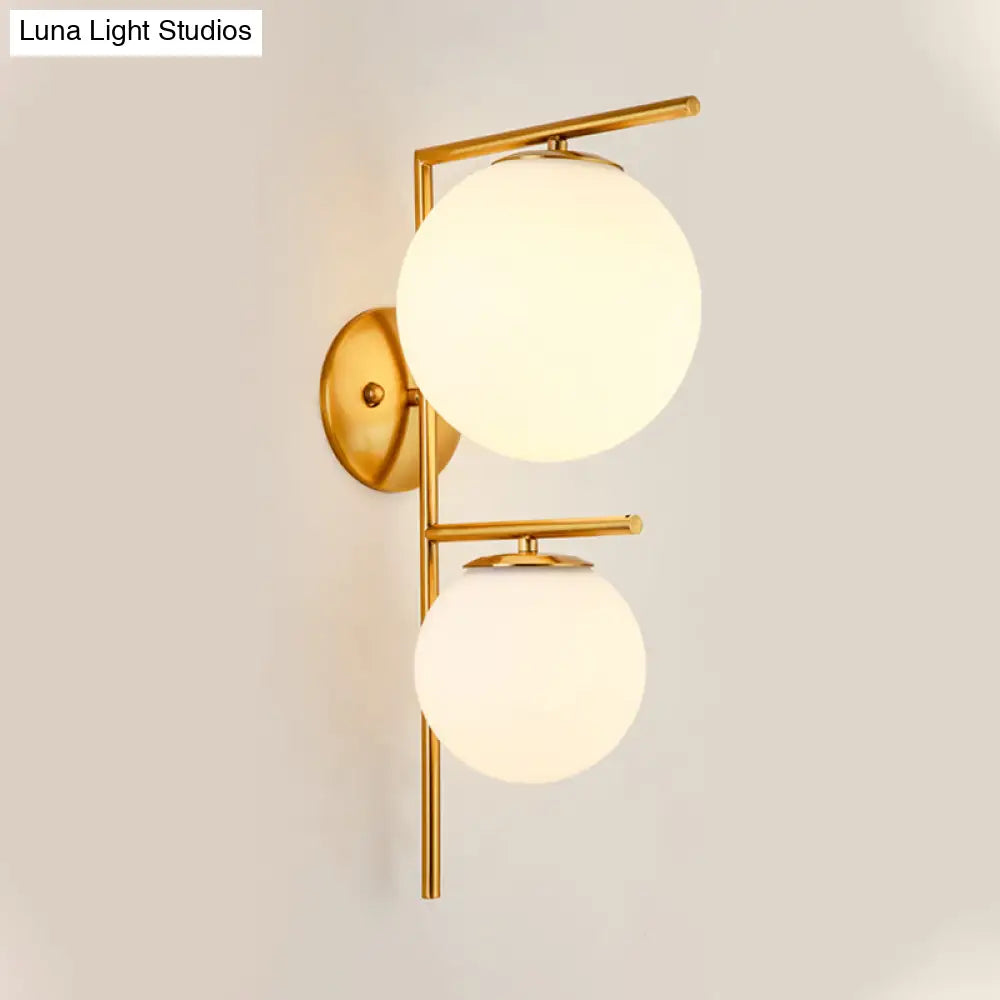 Contemporary White Glass Spherical Sconce With 2 Gold Heads - Wall Mounted Light Fixture
