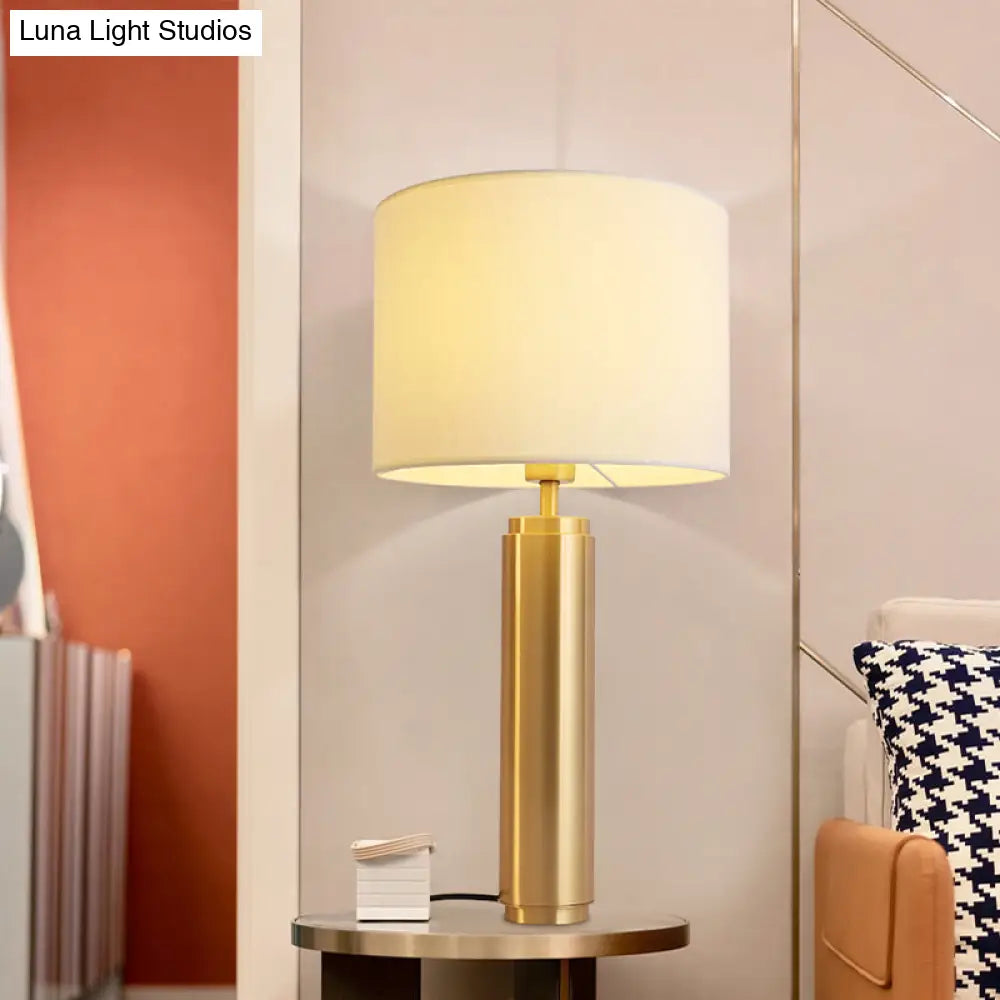 Contemporary White Nightstand Lamp: 1-Head Bedroom Table Light With Fabric Drum Shade