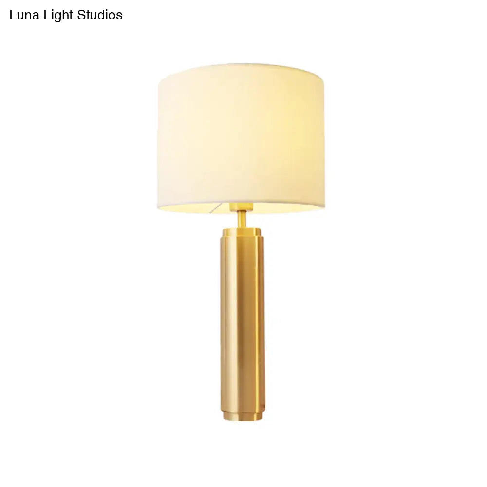 Contemporary White Nightstand Lamp: 1-Head Bedroom Table Light With Fabric Drum Shade