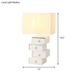 Contemporary White Nightstand Lamp With Drawer - Rectangle Fabric Table Light