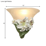 Contemporary White/Pink Lily Resin Wall Light With Frosted Glass Shade
